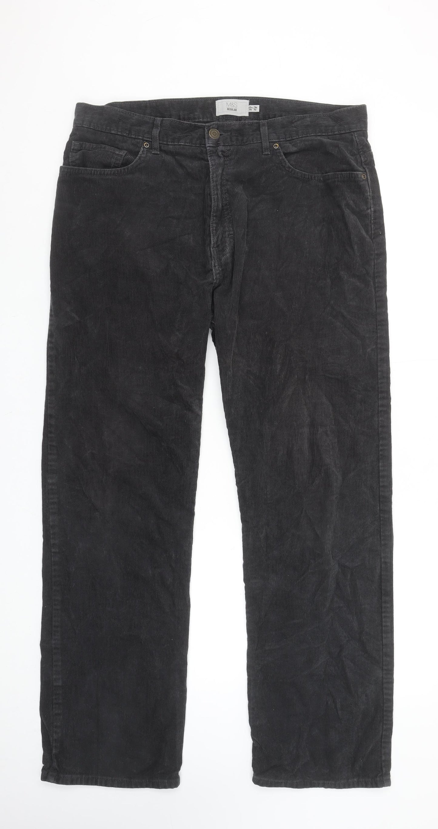 Marks and Spencer Men’s Grey Corduroy Regular Fit Trousers 36x31