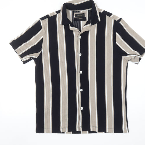 Porter & Ash Men's Beige Black Stripe Jacquard Short Sleeve Shirt L