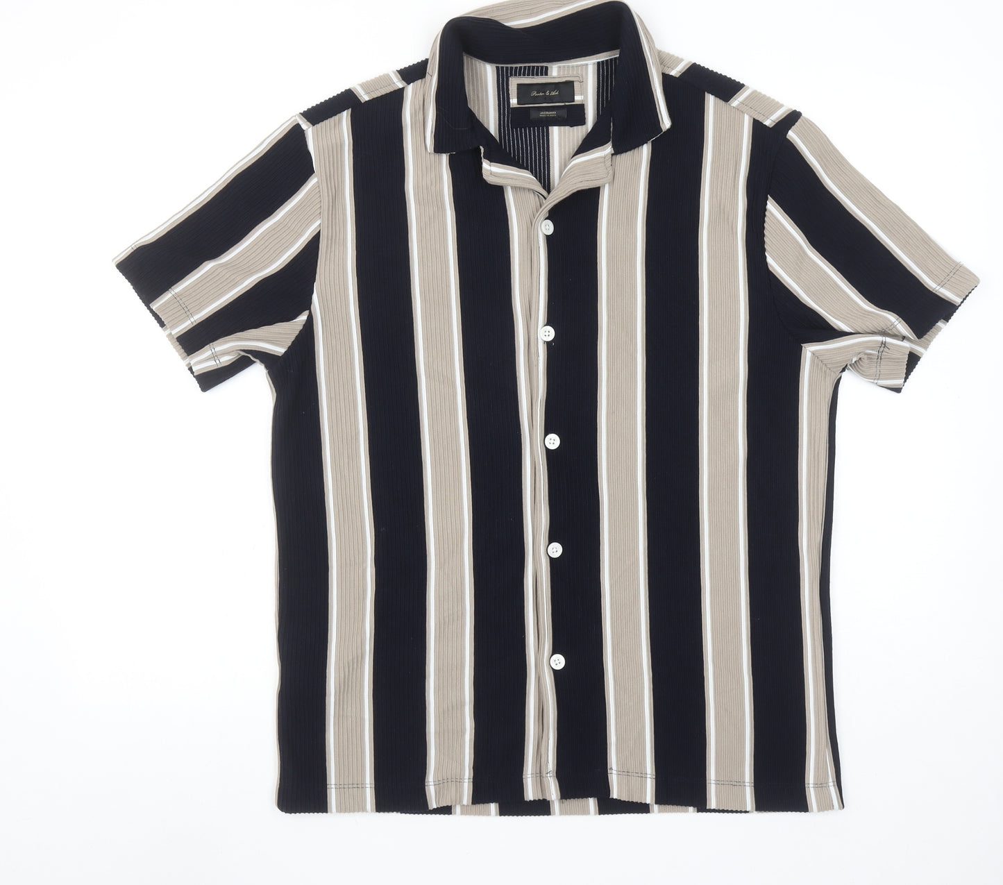 Porter & Ash Men's Beige Black Stripe Jacquard Short Sleeve Shirt L