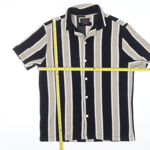 Porter & Ash Men's Beige Black Stripe Jacquard Short Sleeve Shirt L