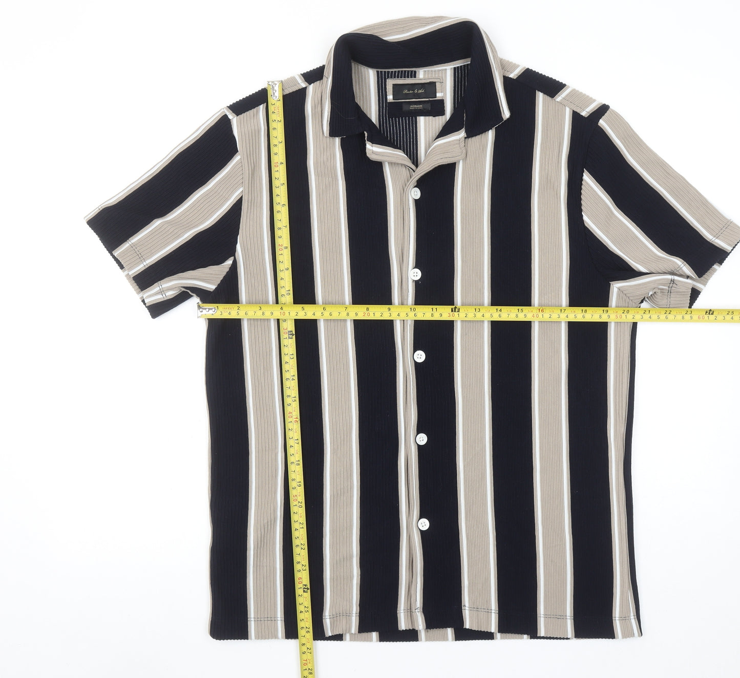 Porter & Ash Men's Beige Black Stripe Jacquard Short Sleeve Shirt L