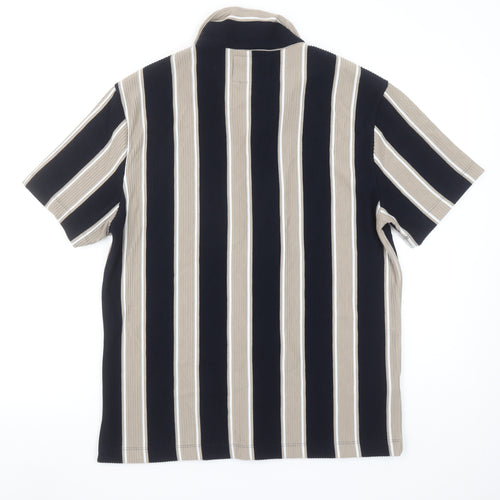Porter & Ash Men's Beige Black Stripe Jacquard Short Sleeve Shirt L