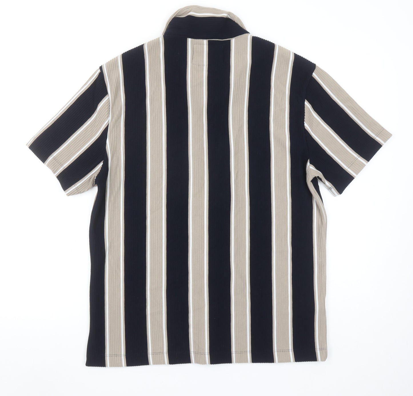 Porter & Ash Men's Beige Black Stripe Jacquard Short Sleeve Shirt L
