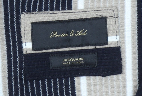 Porter & Ash Men's Beige Black Stripe Jacquard Short Sleeve Shirt L