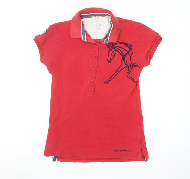 Horseware Women's Red Cotton Polo Shirt UK 12 Equestrian Style