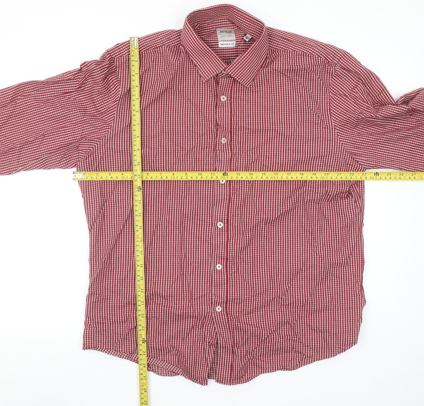 Remus Uomo Men's Red Checked Long Sleeve Cotton Tapered Fit Shirt Size 17