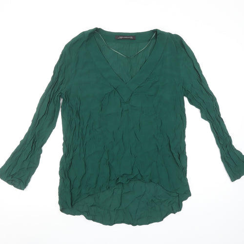 Zara Women Green Long Sleeve V-Neck Tunic Blouse Size L