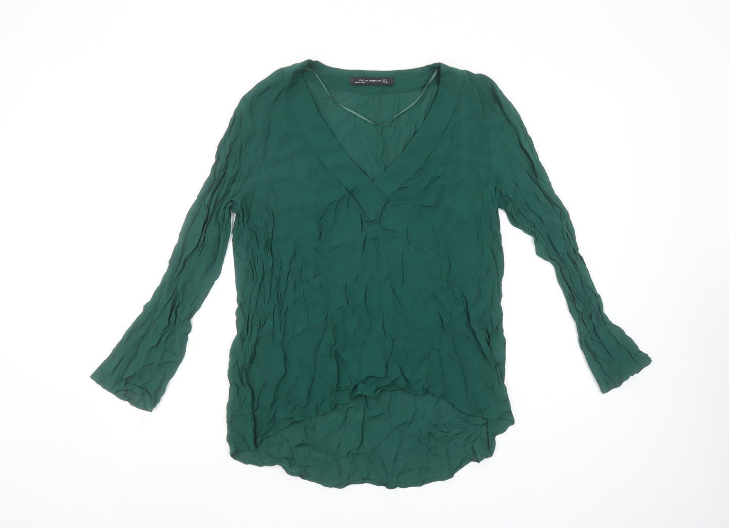 Zara Women Green Long Sleeve V-Neck Tunic Blouse Size L
