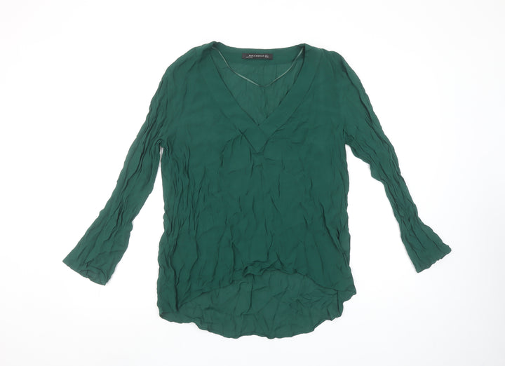 Zara Women Green Long Sleeve V-Neck Tunic Blouse Size L