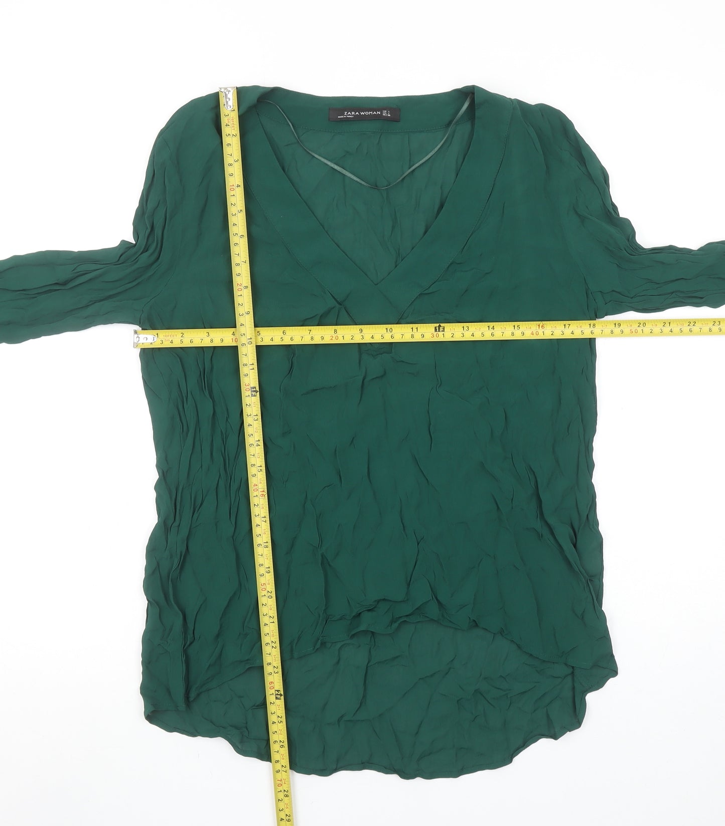 Zara Women Green Long Sleeve V-Neck Tunic Blouse Size L