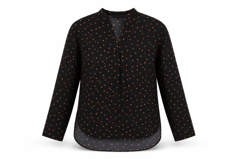 Front view of Rowen Avenue Women's Black Polka Dot Long Sleeve Blouse, size 8