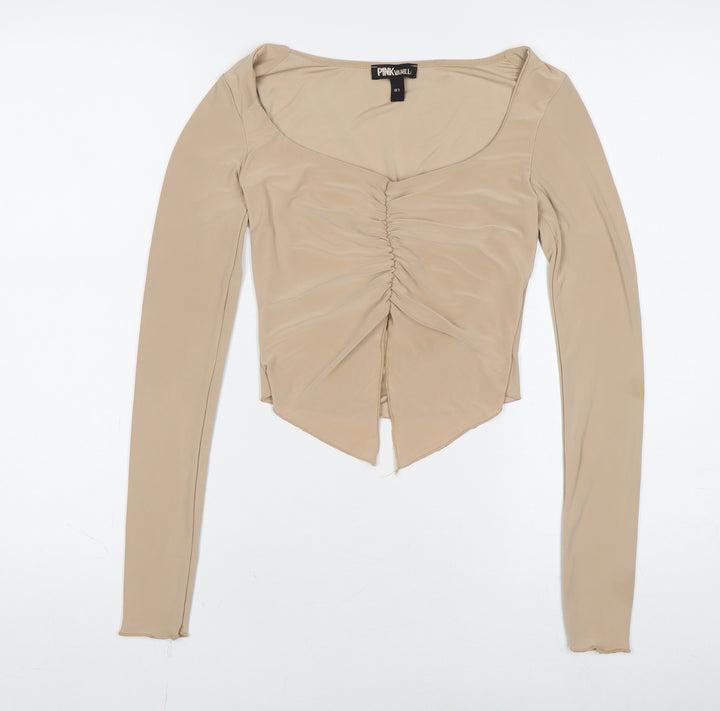 Pink Vanilla Womens Beige Cropped Long Sleeve Sweetheart Blouse Size S