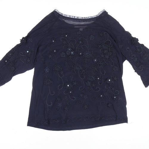 Jacques Vert Women's Navy Blue Embroidered Lace Tunic Blouse Size L