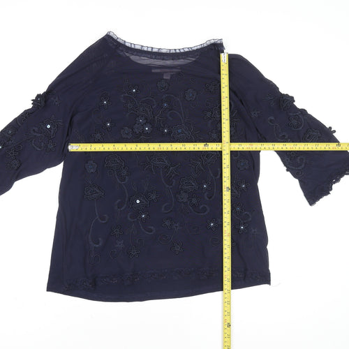 Jacques Vert Women's Navy Blue Embroidered Lace Tunic Blouse Size L