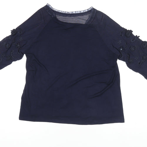 Jacques Vert Women's Navy Blue Embroidered Lace Tunic Blouse Size L