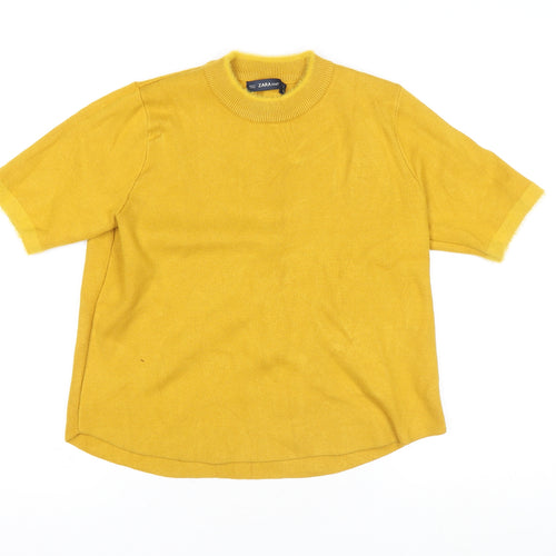 Zara Womens Yellow Knit Mock Neck Short Sleeve Top Size M