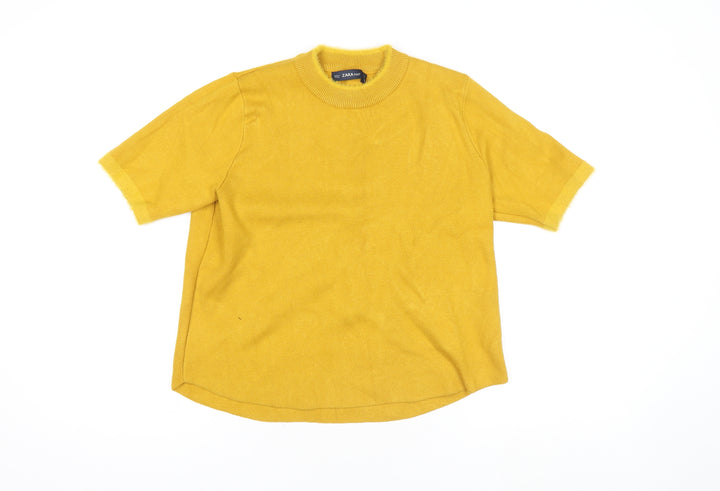 Zara Womens Yellow Knit Mock Neck Short Sleeve Top Size M