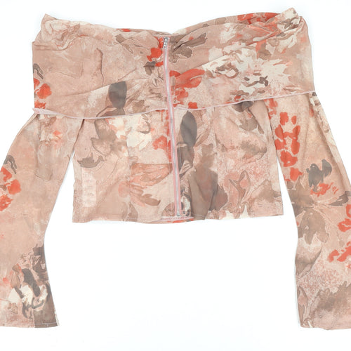PrettyLittleThing Women's Beige Floral Off Shoulder Cropped Blouse UK 10