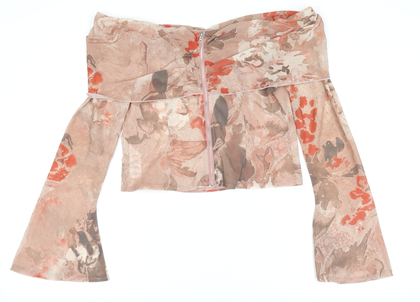 PrettyLittleThing Women's Beige Floral Off Shoulder Cropped Blouse UK 10