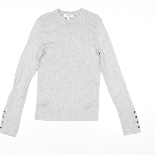 Marks and Spencer Women’s Silver Knit Long Sleeve Button Cuff Top Size 10