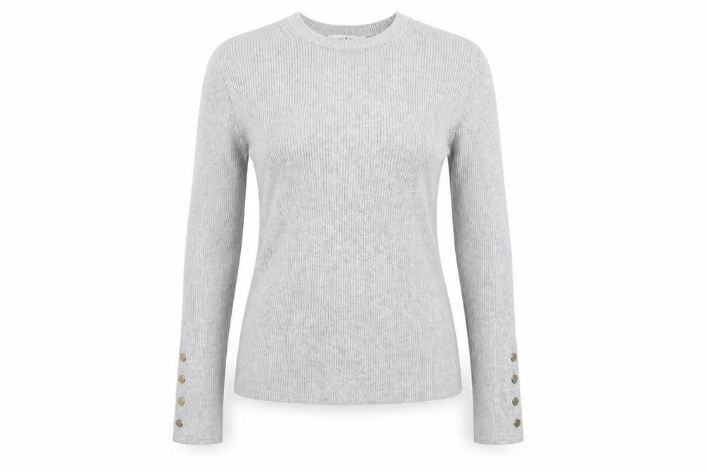 Front view of Marks & Spencer Women’s Silver Knit Long Sleeve Button Cuff Top, size UK 10