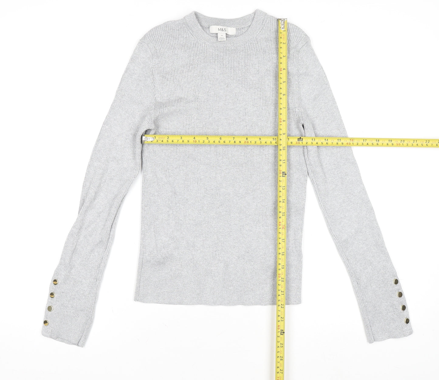 Marks and Spencer Women’s Silver Knit Long Sleeve Button Cuff Top Size 10