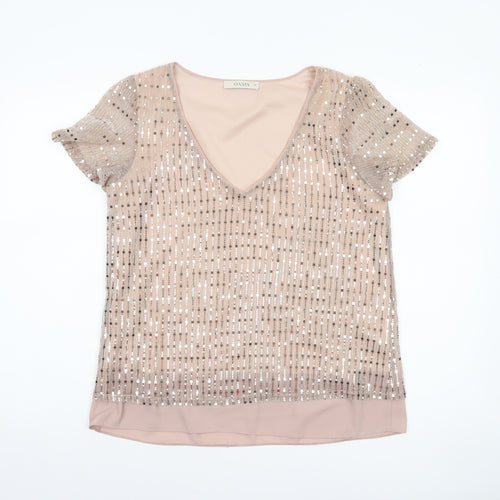 Oasis Women’s Beige Sequin V-Neck Short Sleeve Blouse Size 12