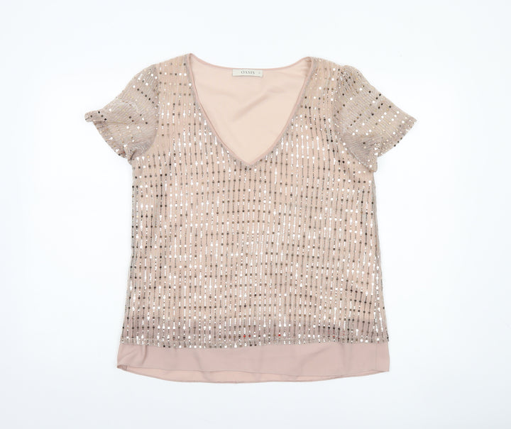 Oasis Women’s Beige Sequin V-Neck Short Sleeve Blouse Size 12