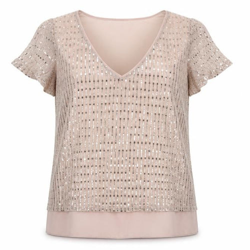 Oasis Women’s Beige Sequin V-Neck Short Sleeve Blouse Size 12