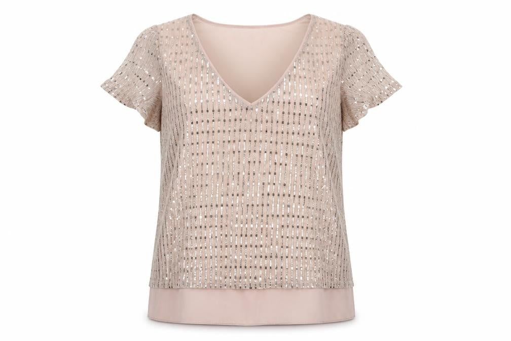 Oasis Women’s Beige Sequin V-Neck Short Sleeve Blouse Size 12