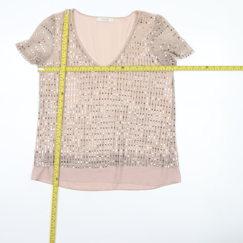 Oasis Women’s Beige Sequin V-Neck Short Sleeve Blouse Size 12