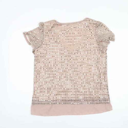 Oasis Women’s Beige Sequin V-Neck Short Sleeve Blouse Size 12