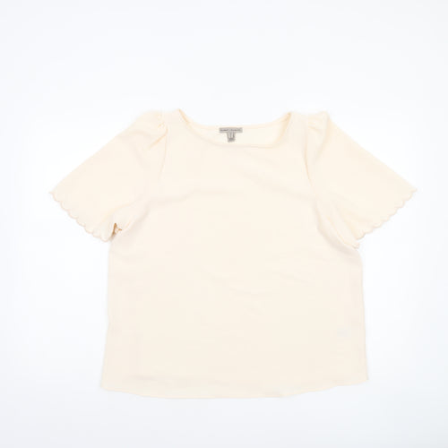 River Island Women's Beige Short Sleeve Scallop Edge Blouse Size 10