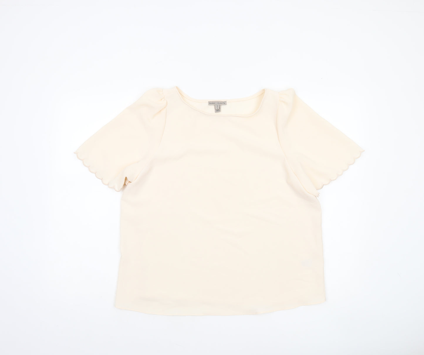 River Island Women's Beige Short Sleeve Scallop Edge Blouse Size 10
