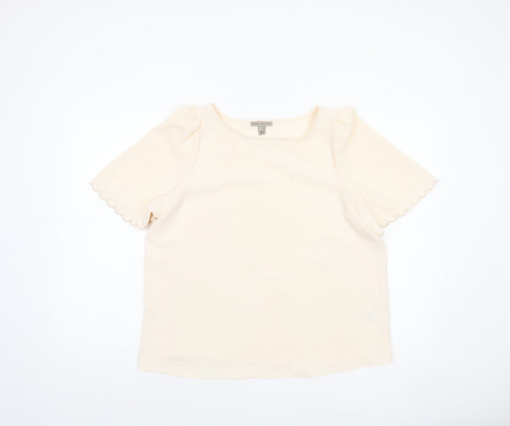 River Island Women's Beige Short Sleeve Scallop Edge Blouse Size 10