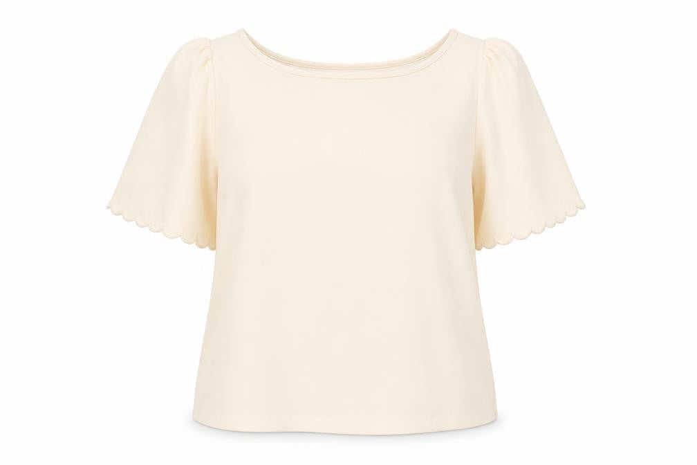 River Island Women's Beige Short Sleeve Scallop Edge Blouse Size 10