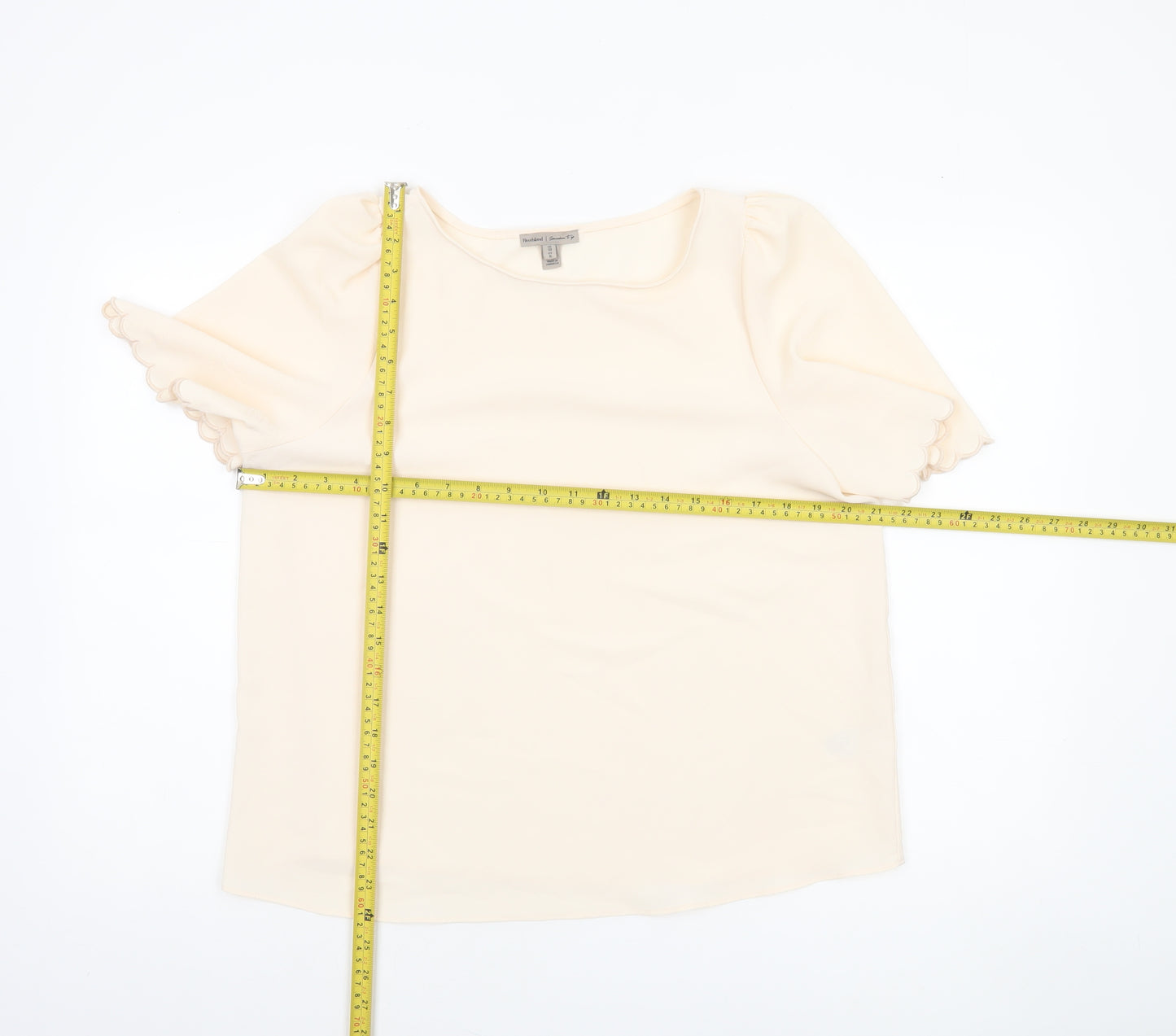 River Island Women's Beige Short Sleeve Scallop Edge Blouse Size 10