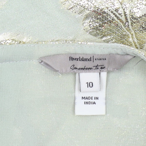 River Island Women’s Green Floral Metallic Tunic Blouse Size 10