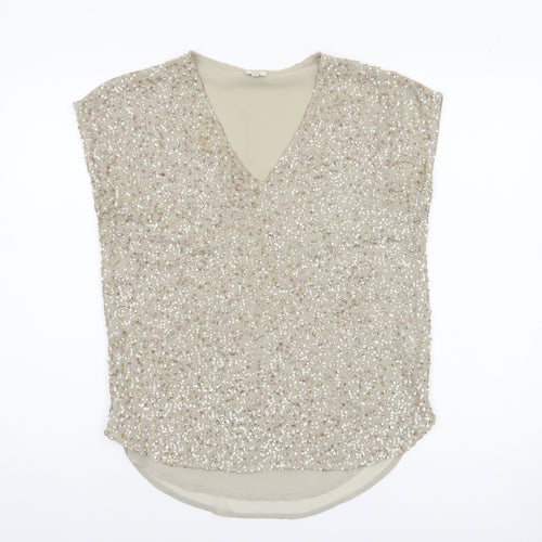 River Island Womens Beige Sequin V-Neck Tunic Blouse Size 8