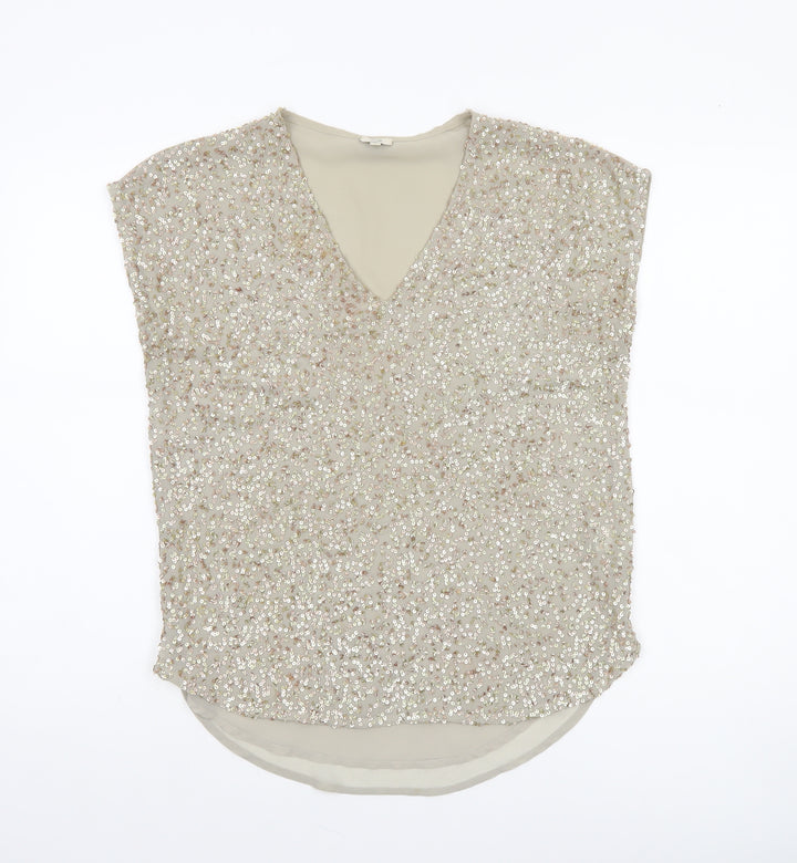 River Island Womens Beige Sequin V-Neck Tunic Blouse Size 8