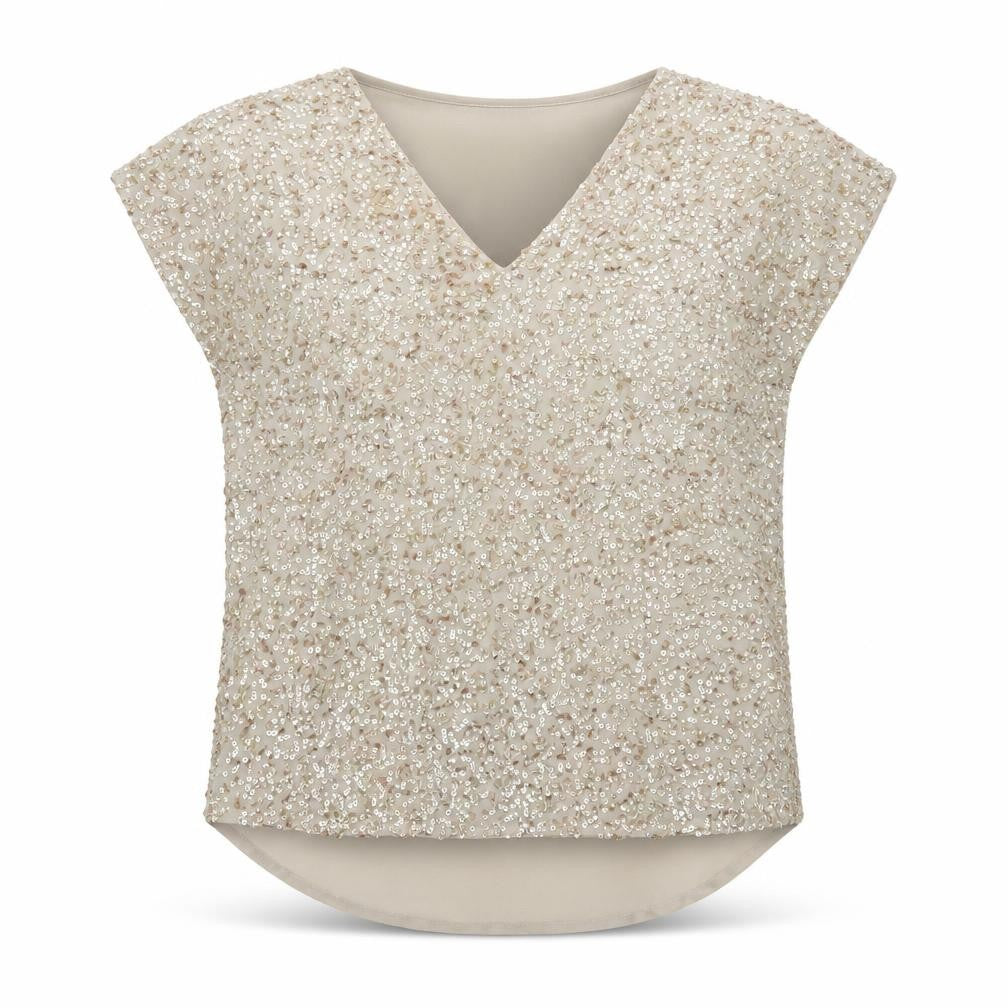 Front view of River Island women’s beige sequin v-neck tunic blouse, size UK 8
