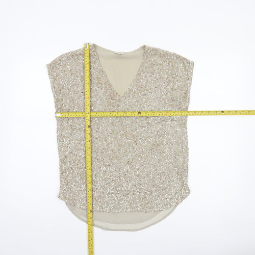 River Island Womens Beige Sequin V-Neck Tunic Blouse Size 8