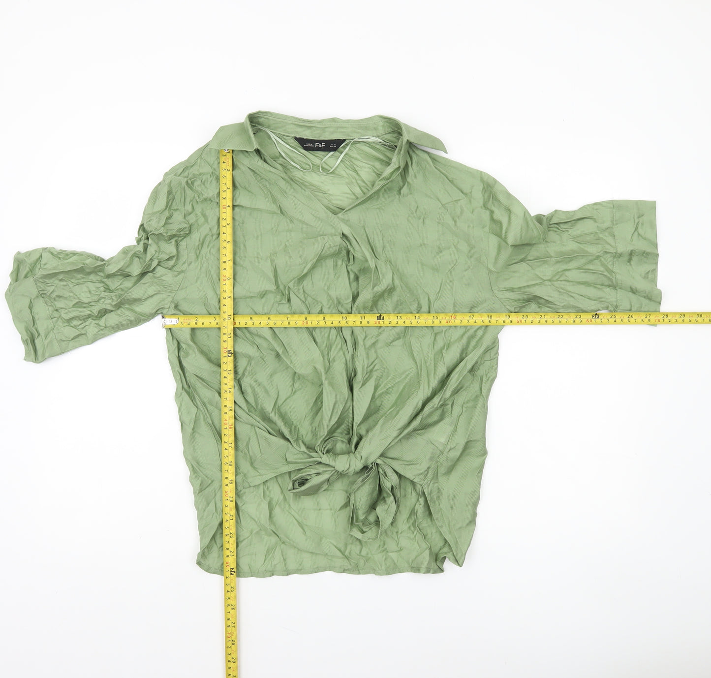 F&F Women's Green Wrap Tie Blouse UK 10 3/4 Sleeve Collared Top
