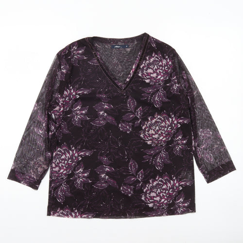 Dash Women's Purple Floral V-Neck Long Sleeve Mesh Top Size 14