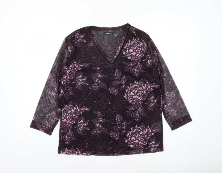 Dash Women's Purple Floral V-Neck Long Sleeve Mesh Top Size 14