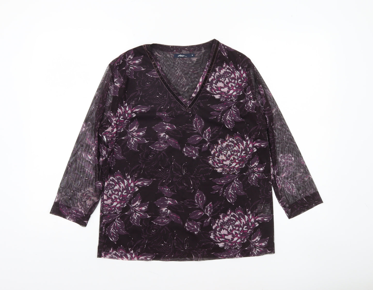Dash Women's Purple Floral V-Neck Long Sleeve Mesh Top Size 14