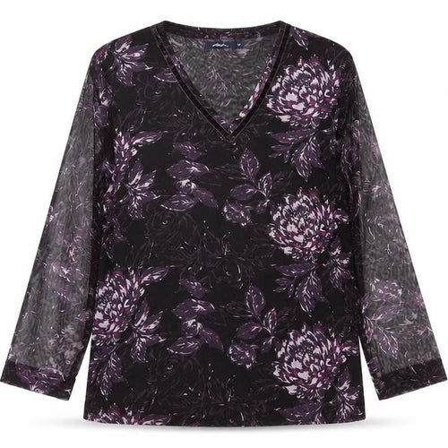Dash Women's Purple Floral V-Neck Long Sleeve Mesh Top Size 14