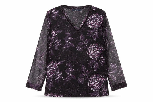 Front view of Dash Women's Purple Floral V-Neck Long Sleeve Mesh Top, size 14