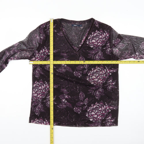 Dash Women's Purple Floral V-Neck Long Sleeve Mesh Top Size 14
