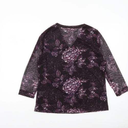 Dash Women's Purple Floral V-Neck Long Sleeve Mesh Top Size 14